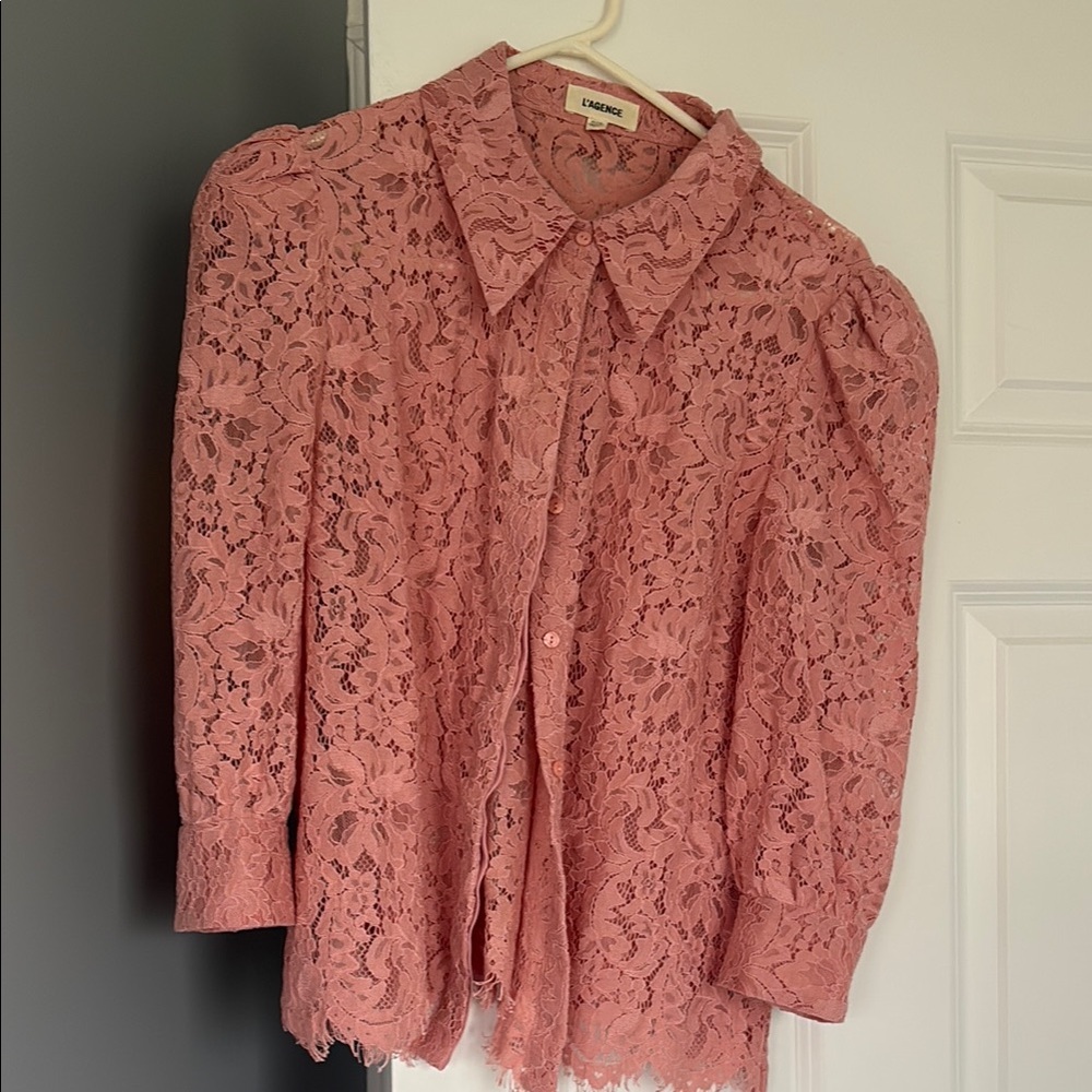 Pink Lace Button-Up Blouse